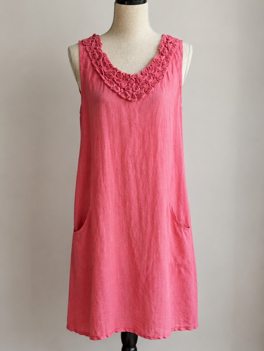 Lungo l'Arno Sleeveless Rosette Linen Dress in Coral Pink